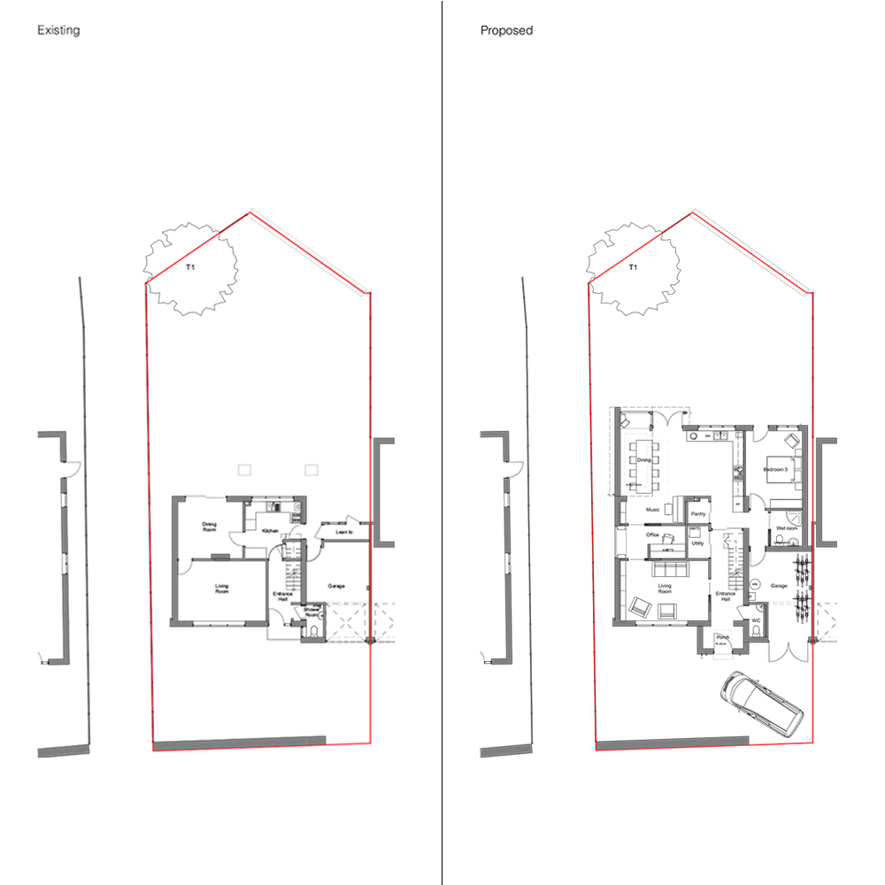 Existing and proposed plans of extension and retrofit project by Sow Space Architects Oxford